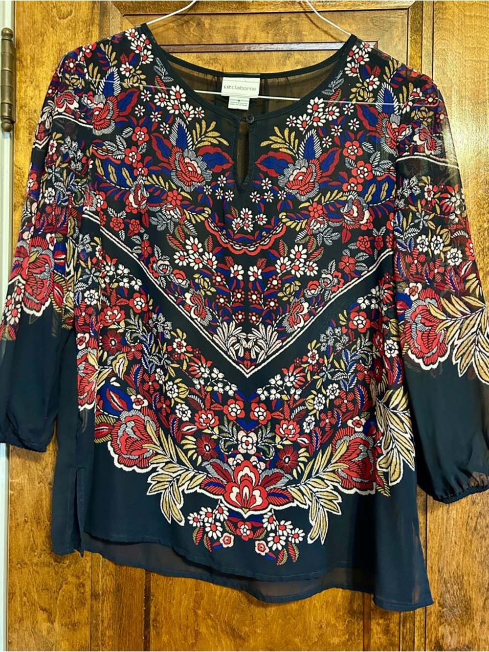 Liz Claiborne Black Blouse with Red, Blue & Gold Floral Embroidery